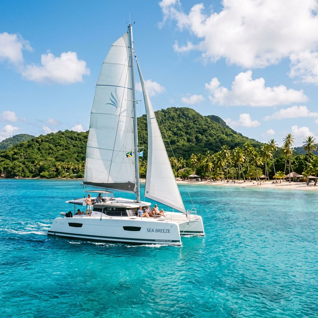 Catamaran sailing in warm Caribbean waters with a tropical island in the background