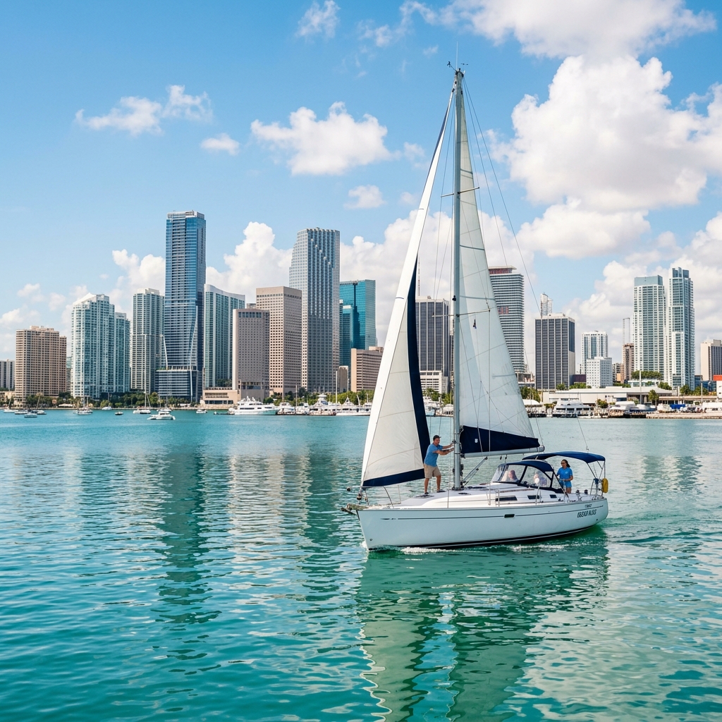 Sailboat on Biscayne Bay with the Miami skyline in the background