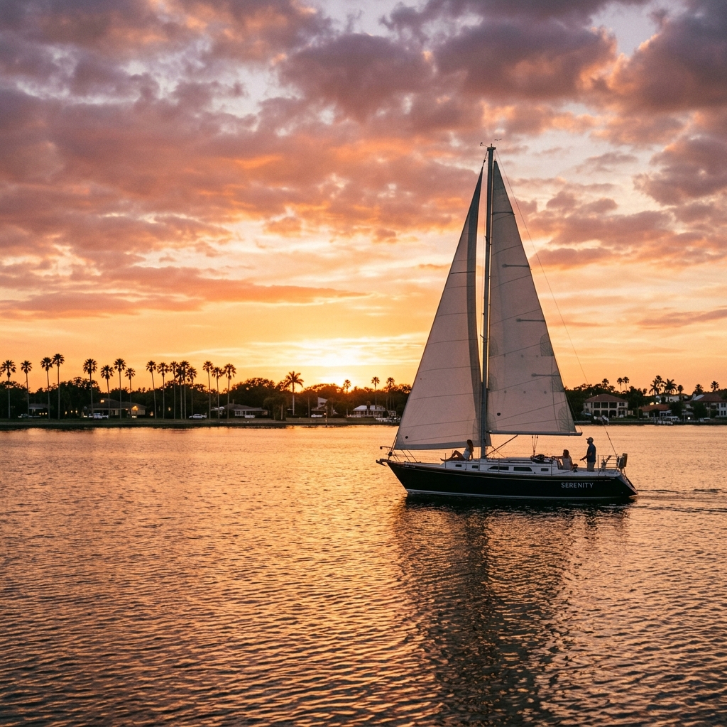 Sailboat on Tampa Bay at sunset with palm trees on the shoreline