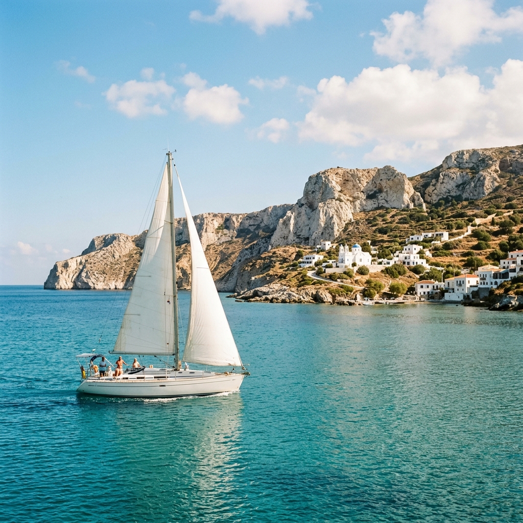 Sailboat sailing through turquoise Mediterranean waters near a Greek island coastline