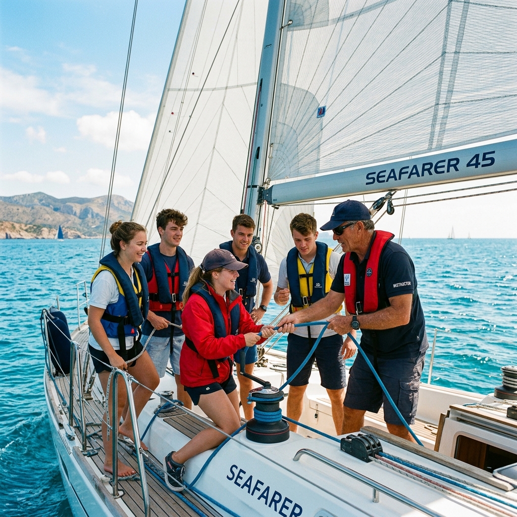 Students learning to sail on a yacht with an instructor demonstrating rope handling